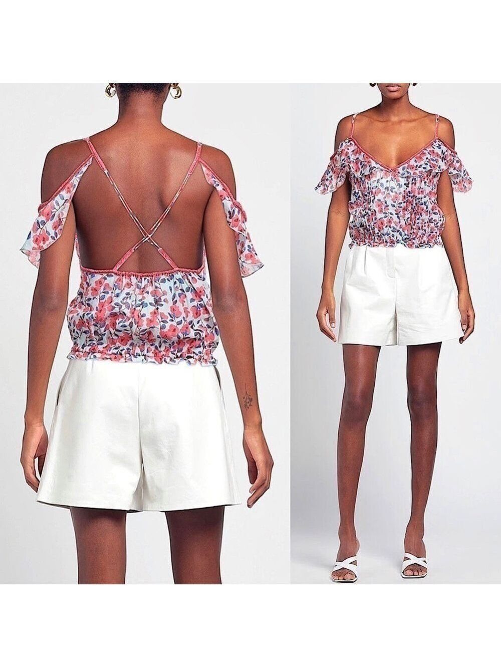 Poupette St. Barth Floral Ruffle Crop Tank Top